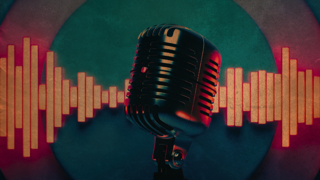 A guest podcast microphone with neon sound waves.