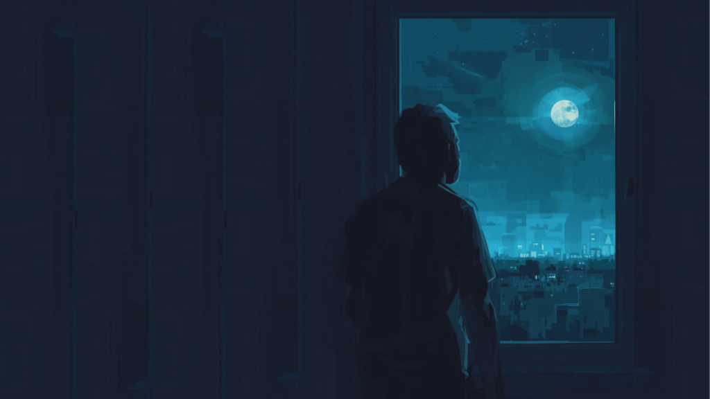 Thinking about a sales deal and unable to sleep, a man looks out the window at the moon.