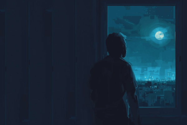 Thinking about a sales deal and unable to sleep, a man looks out the window at the moon.