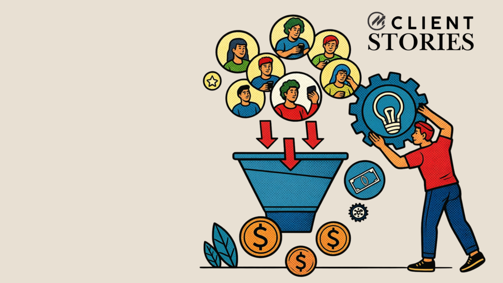 A man building a sales funnel with ideas and dollars to attract customers at the top and make revenue at the bottom.