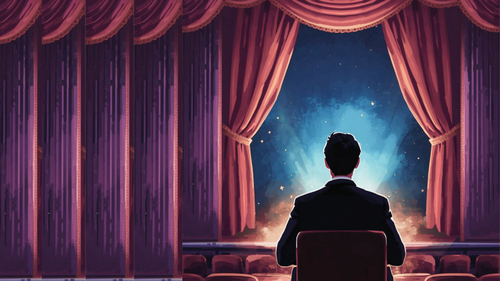 A business man with a front row seat in a theaters with an illuminated stage.