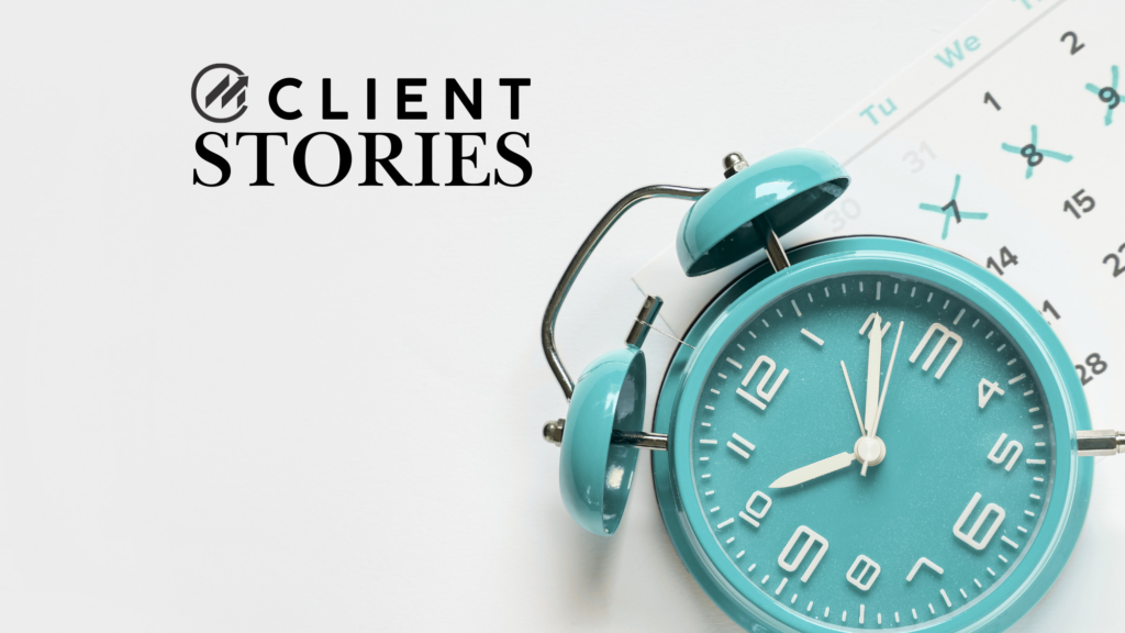 An alarm clock with a marked calendar behind it, representing client calendar bookings.