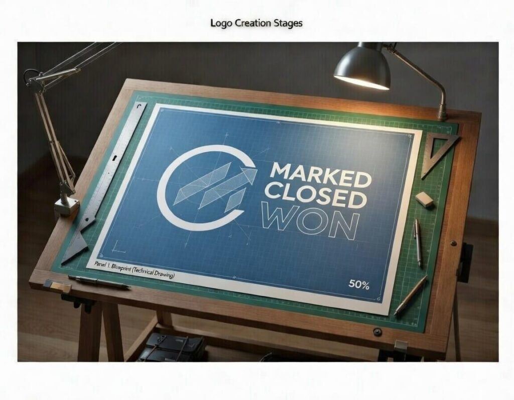 A drafting table featuring a blueprint of the Marked Closed Won logo in the process of being created.
