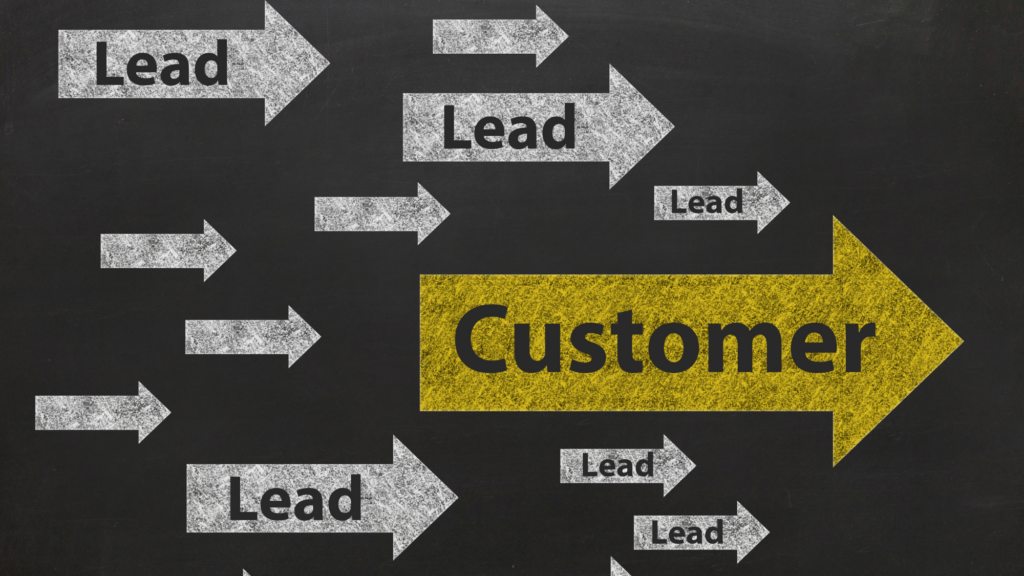 Arrows entitled "lead" surrounding a larger arrow with the word "customer" on it.