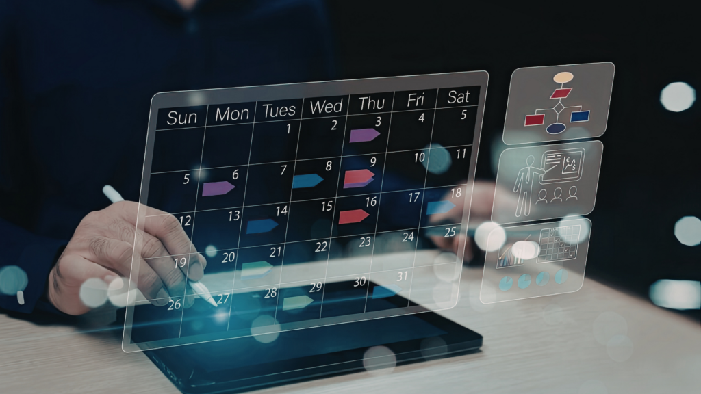 A salesperson setting appointments and making plans on a digital calendar.