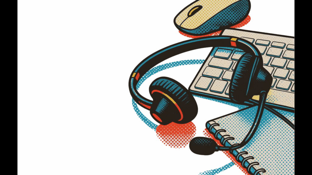 Headphones, a keyboard, a mouse, and, a notebook - tools for sales appointment setting.
