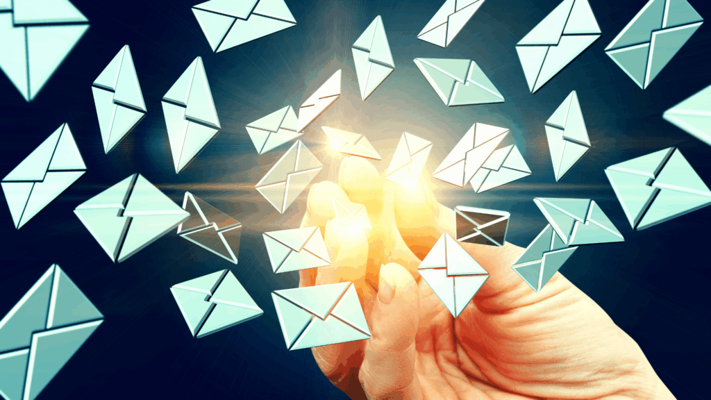 A hand with a number of emails at its fingertips.