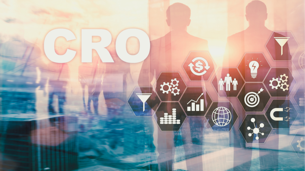 A crowd in the background with the letters "CRO" across the top. Icons float nearby representing different pieces that connect with "Conversion Rate Optimization."