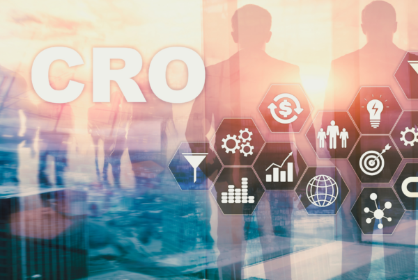 A crowd in the background with the letters "CRO" across the top. Icons float nearby representing different pieces that connect with "Conversion Rate Optimization."