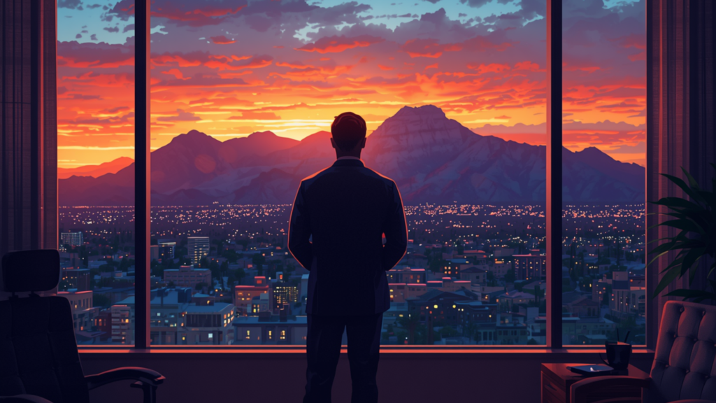 A man looking out a large window at a mountain skyline with a Sonoran Desert sunset.