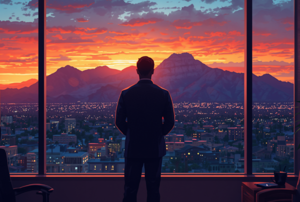A man looking out a large window at a mountain skyline with a Sonoran Desert sunset.